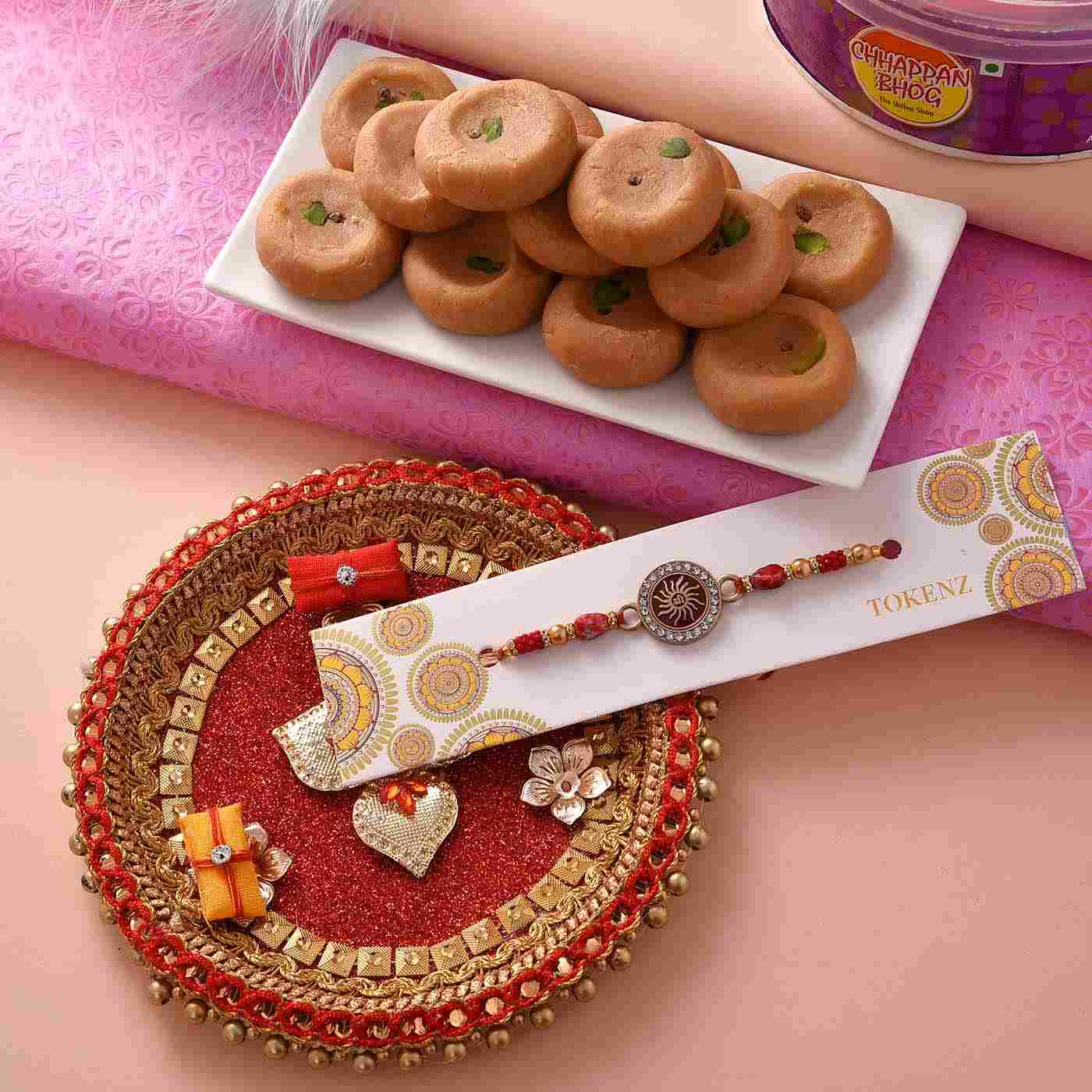 Stone Studded Decorated Rakhi In A Tray