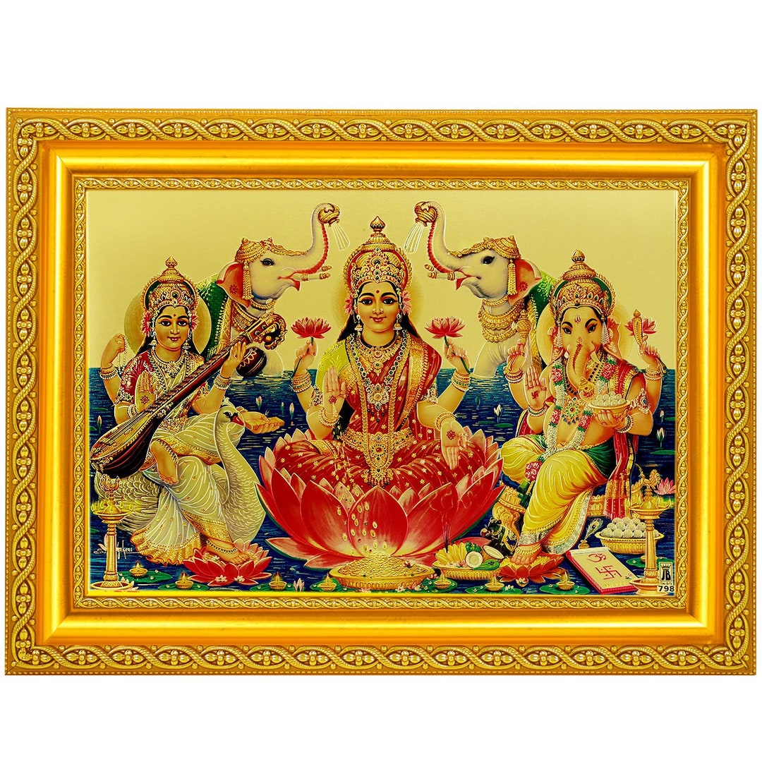 Golden Foil Picture Of Ganesh,luxmi,saraswati Ji Together